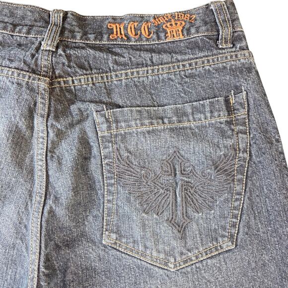 MCC Micros Y2K Embroidered‎ 90's Dark Wash Denim Jeans 34x32 Cross Straight - Picture 7 of 15